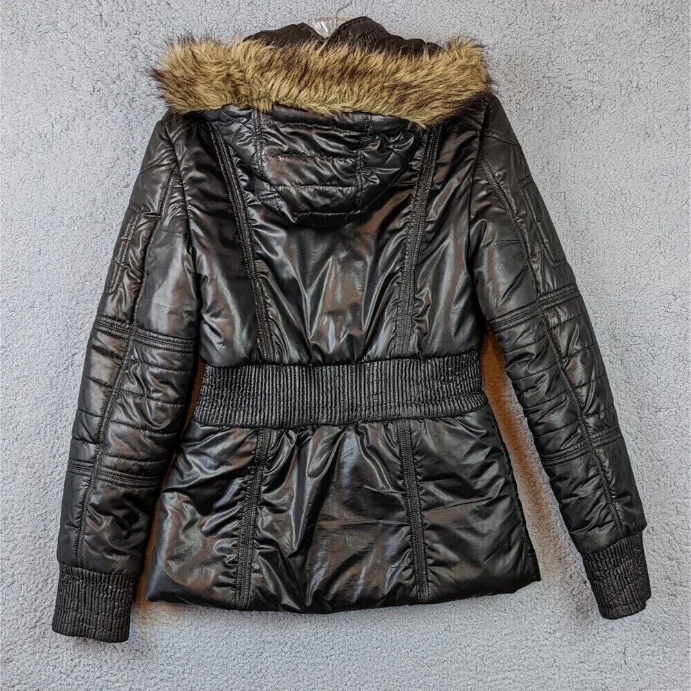 BKE Buckle Puffer Jacket Faux Fur Hood Coat Women's Size Small Black